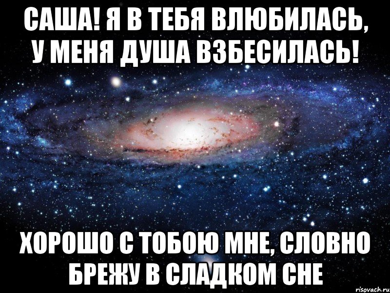 Саша! Я в тебя влюбилась, У меня душа взбесилась! Хорошо с тобою мне, Словно брежу в сладком сне, Мем Вселенная