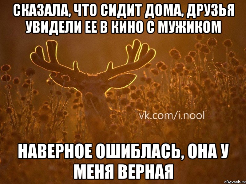 сказала, что сидит дома, друзья увидели ее в кино с мужиком наверное ошиблась, она у меня верная, Мем  ву