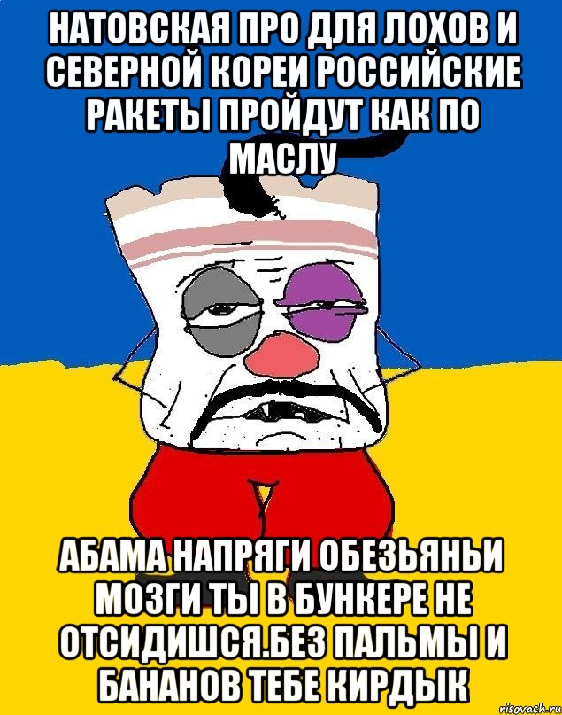 Натовская про для лохов и северной кореи российские ракеты пройдут как по маслу Абама напряги обезьяньи мозги ты в бункере не отсидишся.без пальмы и бананов тебе кирдык, Мем Западенец - тухлое сало