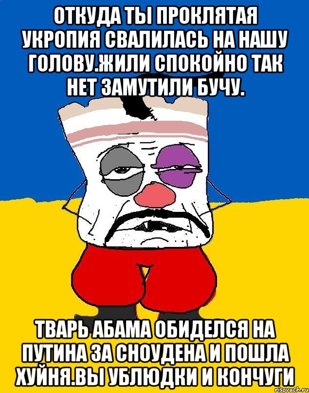 Откуда ты проклятая укропия свалилась на нашу голову.жили спокойно так нет замутили бучу. Тварь абама обиделся на путина за сноудена и пошла хуйня.вы ублюдки и кончуги, Мем Западенец - тухлое сало