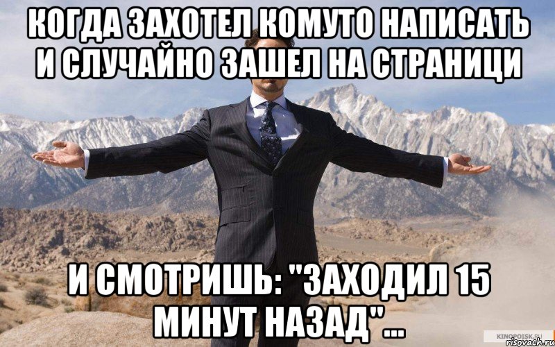 КОГДА ЗАХОТЕЛ КОМУТО НАПИСАТЬ И СЛУЧАЙНО ЗАШЕЛ НА СТРАНИЦИ И СМОТРИШЬ: "ЗАХОДИЛ 15 МИНУТ НАЗАД"..., Мем железный человек