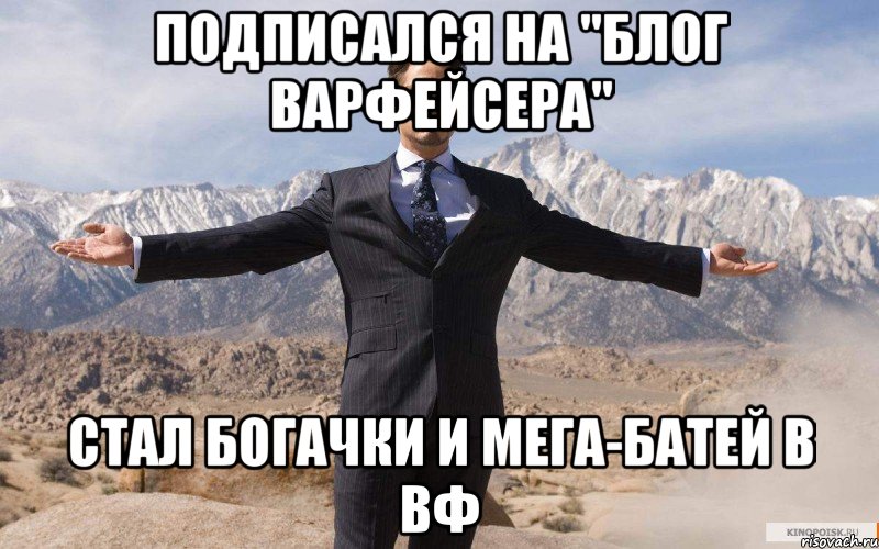 Подписался на "Блог Варфейсера" Стал богачки и мега-батей в вф, Мем железный человек