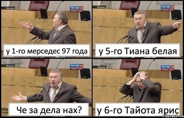 у 1-го мерседес 97 года у 5-го Тиана белая Че за дела нах? у 6-го Тайота ярис, Комикс Жирик в шоке хватается за голову