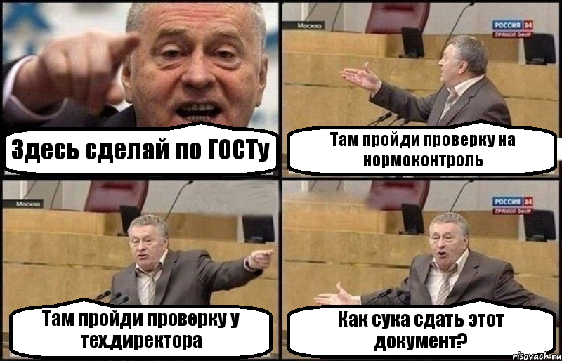 Здесь сделай по ГОСТу Там пройди проверку на нормоконтроль Там пройди проверку у тех.директора Как сука сдать этот документ?, Комикс Жириновский