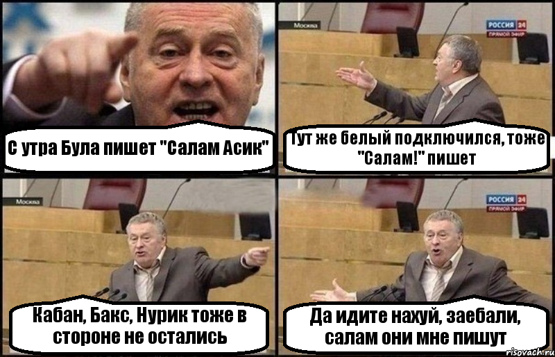 С утра Була пишет "Салам Асик" Тут же белый подключился, тоже "Салам!" пишет Кабан, Бакс, Нурик тоже в стороне не остались Да идите нахуй, заебали, салам они мне пишут, Комикс Жириновский