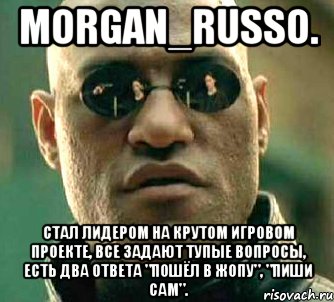 Morgan_Russo. Стал лидером на крутом игровом проекте, все задают тупые вопросы, есть два ответа "Пошёл в жопу", "пиши сам"., Мем  а что если я скажу тебе