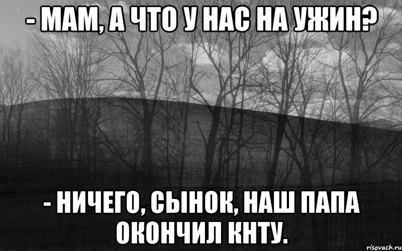 - Мам, а что у нас на ужин? - Ничего, сынок, наш папа окончил кнту., Мем безысходность лес