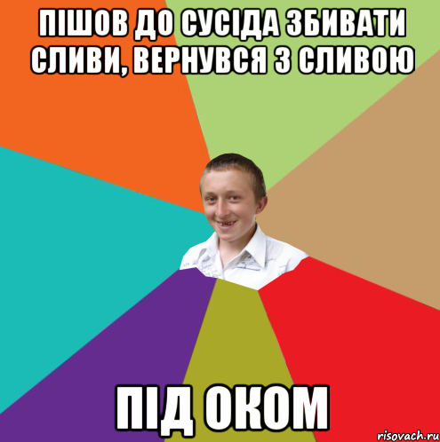 пiшов до сусiда збивати сливи, вернувся з сливою пiд оком, Мем  малый паца