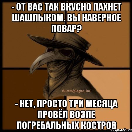 - От Вас так вкусно пахнет шашлыком. Вы наверное повар? - Нет, просто три месяца провёл возле погребальных костров, Мем  Чума