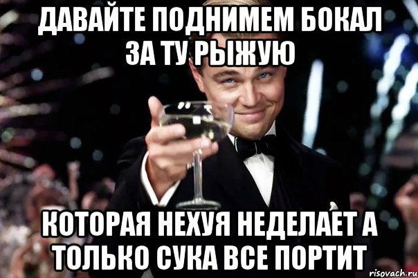 Давайте поднимем бокал за ту рыжую Которая нехуя неделает а только сука все портит, Мем Великий Гэтсби (бокал за тех)