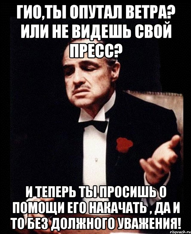 Гио,Ты опутал ветра? Или не видешь свой пресс? И теперь ты просишь о помощи его накачать , да и то без должного уважения!, Мем ты делаешь это без уважения