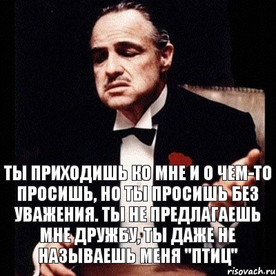 Ты приходишь ко мне и о чем-то просишь, но ты просишь без уважения. Ты не предлагаешь мне дружбу, ты даже не называешь меня "Птиц", Комикс Дон Вито Корлеоне 1