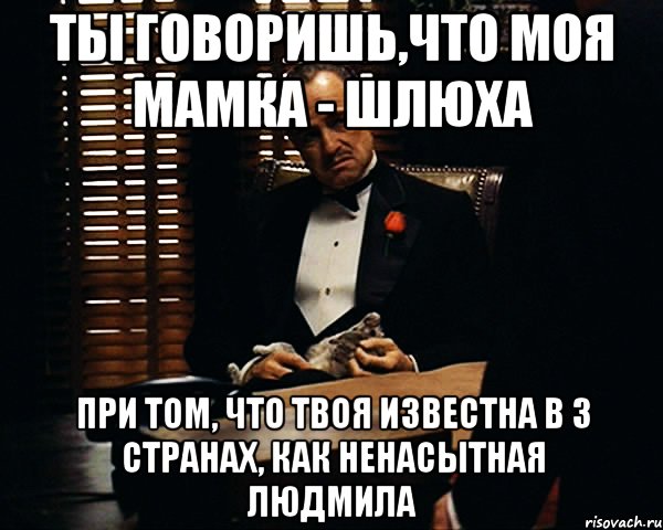 ТЫ ГОВОРИШЬ,ЧТО МОЯ МАМКА - ШЛЮХА ПРИ ТОМ, ЧТО ТВОЯ ИЗВЕСТНА В 3 СТРАНАХ, КАК НЕНАСЫТНАЯ ЛЮДМИЛА, Мем Дон Вито Корлеоне