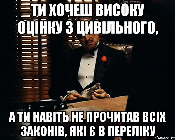 Ти хочеш високу оцінку з цивільного, а ти навіть не прочитав всіх законів, які є в переліку, Мем Дон Вито Корлеоне