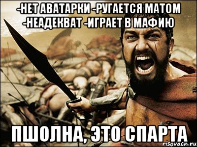 -нет аватарки -ругается матом -неадекват -играет в мафию Пшолна, это спарта, Мем Это Спарта