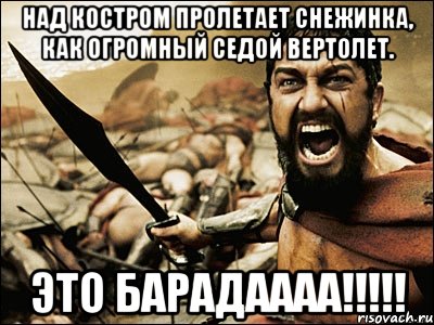 Над костром пролетает снежинка, Как огромный седой вертолет. Это БАРАДАААА!!!!!, Мем Это Спарта