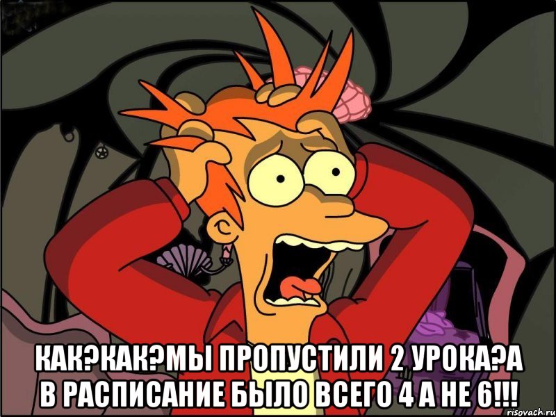  Как?Как?Мы пропустили 2 урока?а в расписание было всего 4 а не 6!!!, Мем Фрай в панике