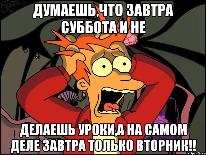 Думаешь,что завтра суббота и не делаешь уроки,а на самом деле завтра только вторник!!, Мем Фрай в панике