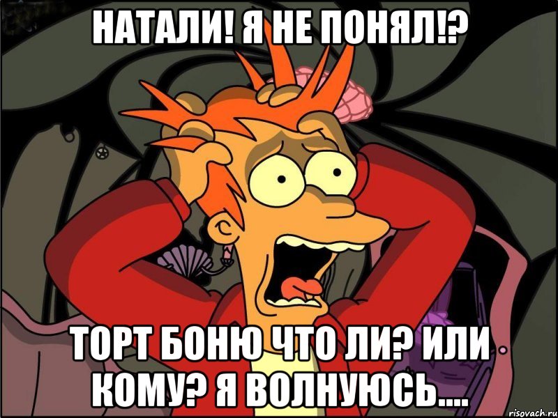 Натали! Я не понял!? Торт Боню что ли? Или кому? Я волнуюсь...., Мем Фрай в панике