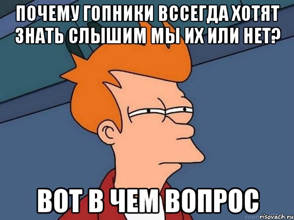 почему гопники вссегда хотят знать слышим мы их или нет? вот в чем вопрос, Мем  Фрай (мне кажется или)