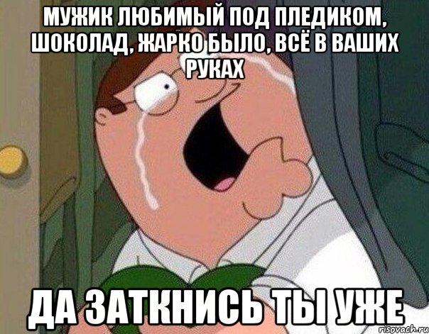 Мужик любимый под пледиком, шоколад, жарко было, всё в ваших руках Да заткнись ты уже, Мем Гриффин плачет