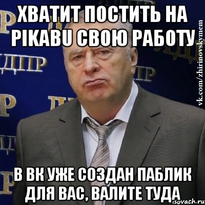 ХВАТИТ ПОСТИТЬ НА pikabu СВОЮ РАБОТУ В ВК УЖЕ СОЗДАН ПАБЛИК ДЛЯ ВАС, ВАЛИТЕ ТУДА, Мем Хватит это терпеть (Жириновский)