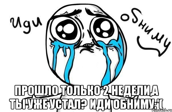  Прошло только 2 недели,а ты уже устал? Иди обниму:'(, Мем Иди обниму