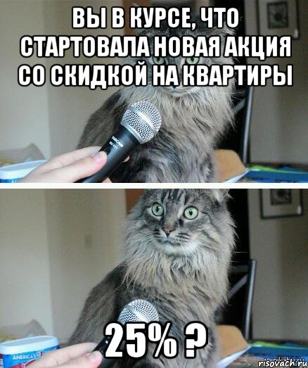 Вы в курсе, что стартовала новая акция со скидкой на квартиры 25% ?, Комикс  кот с микрофоном