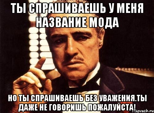 ТЫ СПРАШИВАЕШЬ У МЕНЯ НАЗВАНИЕ МОДА НО ТЫ СПРАШИВАЕШЬ БЕЗ УВАЖЕНИЯ.ТЫ ДАЖЕ НЕ ГОВОРИШЬ ПОЖАЛУЙСТА!, Мем крестный отец