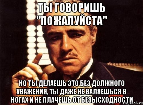 ты говоришь "пожалуйста" но ты делаешь это без должного уважения, ты даже не валяешься в ногах и не плачешь от безысходности, Мем крестный отец