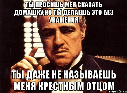 Ты просишь мея сказать домашку,но ты делаешь это без уважения Ты даже не называешь меня крестным отцом, Мем крестный отец