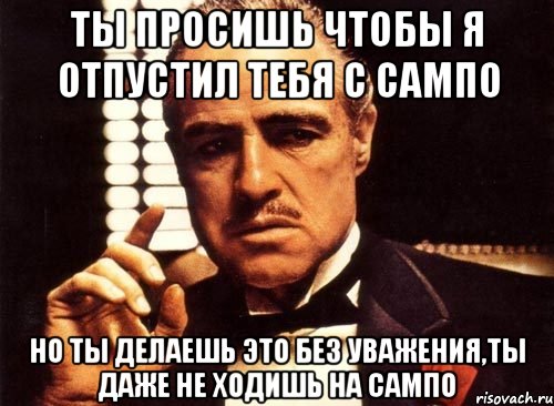 Ты просишь чтобы я отпустил тебя с сампо Но ты делаешь это без уважения,ты даже не ходишь на сампо, Мем крестный отец