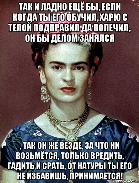 Так и ладно ещё бы, если когда ты его обучил, харю с телой подправил да полечил, он бы делом занялся , так он же везде, за что ни возьмётся, только вредить, гадить и срать, от натуры ты его не избавишь, принимается!, Мем Magdalena Carmen Frieda Kahlo Ca