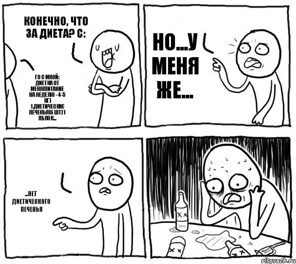 Конечно, что за диета? с: Го с мной: Диетка от меня(питание на неделю - 4-5 кг) 1.диетические печенья(6 шт) 1 яблок... Но...у меня же... ...нет диетического печенья, Комикс Самонадеянный алкоголик