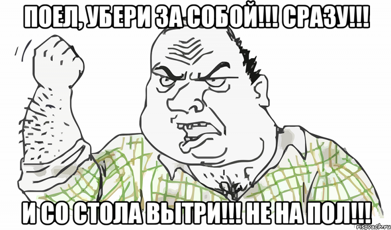 Поел, убери за собой!!! Сразу!!! И со стола вытри!!! Не на пол!!!, Мем Будь мужиком