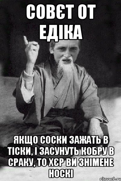 Совєт от едіка Якщо соски зажать в тіски, і засунуть кобру в сраку, то хєр ви знімене носкі, Мем Мудрий паца