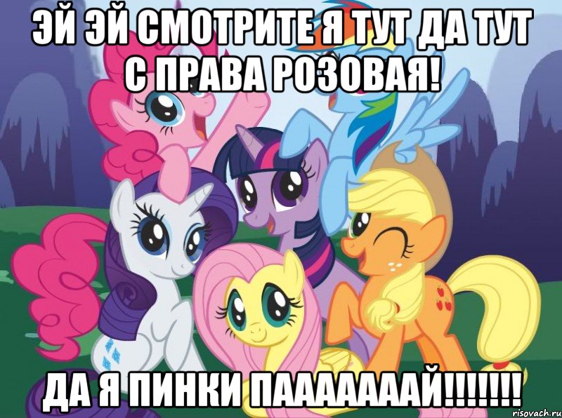 эй эй смотрите я тут да тут с права розовая! да я ПИНКИ ПАААААААЙ!!!!!!!, Мем My little pony