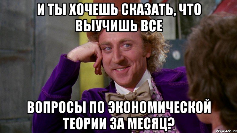 и ты хочешь сказать, что выучишь все вопросы по экономической теории за месяц?, Мем Ну давай расскажи (Вилли Вонка)