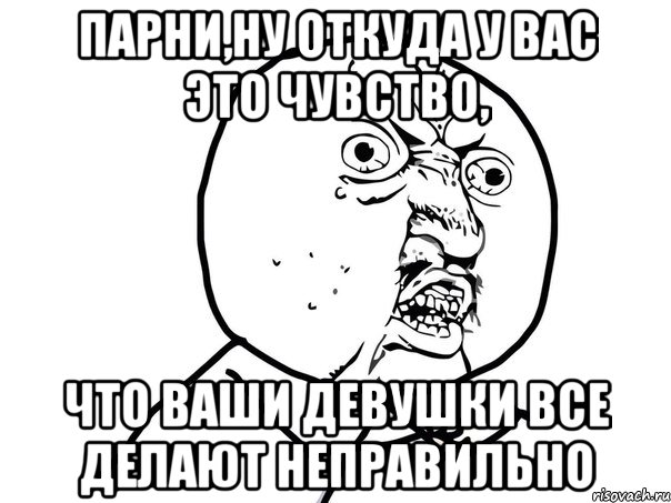 Парни,ну откуда у вас это чувство, Что ваши девушки все делают НЕПРАВИЛЬНО, Мем Ну почему (белый фон)