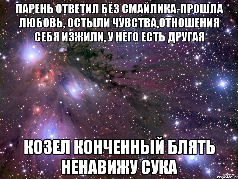 Парень ответил без смайлика-прошла любовь, остыли чувства,отношения себя изжили, у него есть другая КОЗЕЛ КОНЧЕННЫЙ БЛЯТЬ НЕНАВИЖУ СУКА, Мем Космос