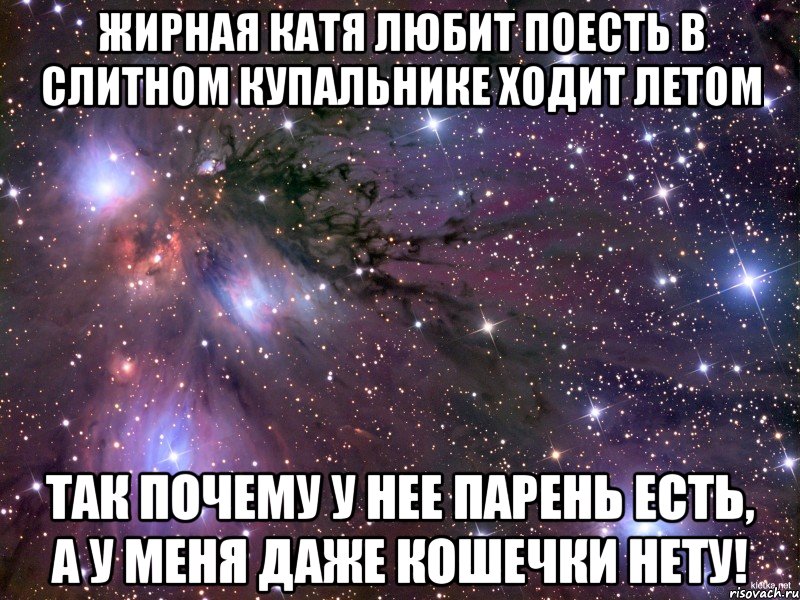 Жирная Катя любит поесть в слитном купальнике ходит летом Так почему у нее парень есть, а у меня даже кошечки нету!, Мем Космос