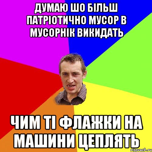 думаю шо більш патріотично мусор в мусорнік викидать чим ті флажки на машини цеплять, Мем Чоткий паца