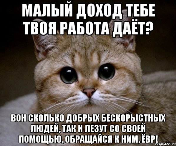 малый доход тебе твоя работа даёт? Вон сколько добрых бескорыстных людей, так и лезут со своей помощью, обращайся к ним, ЁВР!, Мем Пидрила Ебаная