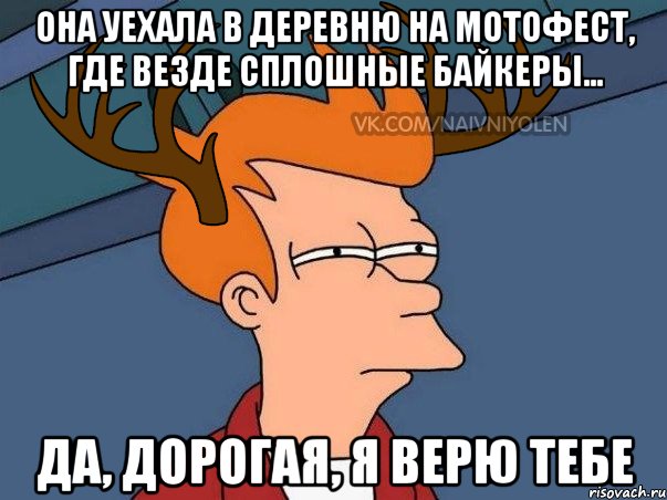 ОНА УЕХАЛА В ДЕРЕВНЮ НА МОТОФЕСТ, ГДЕ ВЕЗДЕ СПЛОШНЫЕ БАЙКЕРЫ... ДА, ДОРОГАЯ, Я ВЕРЮ ТЕБЕ, Мем  Подозрительный олень