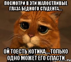 ПОСМОТРИ В ЭТИ ЖАЛОСТЛИВЫЕ ГЛАЗА БЕДНОГО СТУДЕНТА.... ОЙ ТОЕСТЬ КОТИКА....ТОЛЬКО ОДНО МОЖЕТ ЕГО СПАСТИ