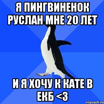 Я пингвиненок Руслан мне 20 лет И я хочу к Кате в Екб <3, Мем  Социально-неуклюжий пингвин