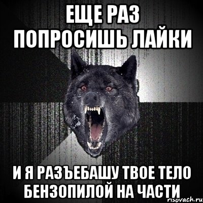 Еще раз попросишь лайки и я разъебашу твое тело бензопилой на части, Мем Сумасшедший волк