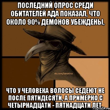 Последний опрос среди обитателей Ада показал, что около 90% демонов убеждены, что у человека волосы седеют не после пятидесяти, а примерно с четырнадцати - пятнадцати лет.