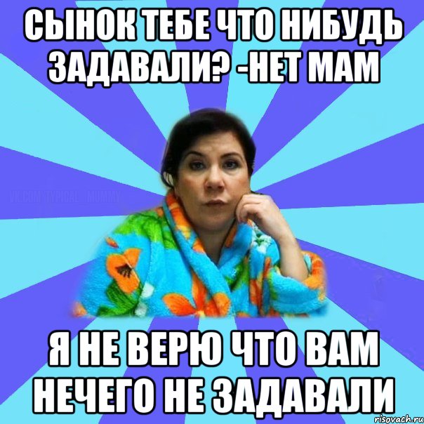 Сынок тебе что нибудь задавали? -Нет Мам Я не верю что вам нечего не задавали, Мем типичная мама