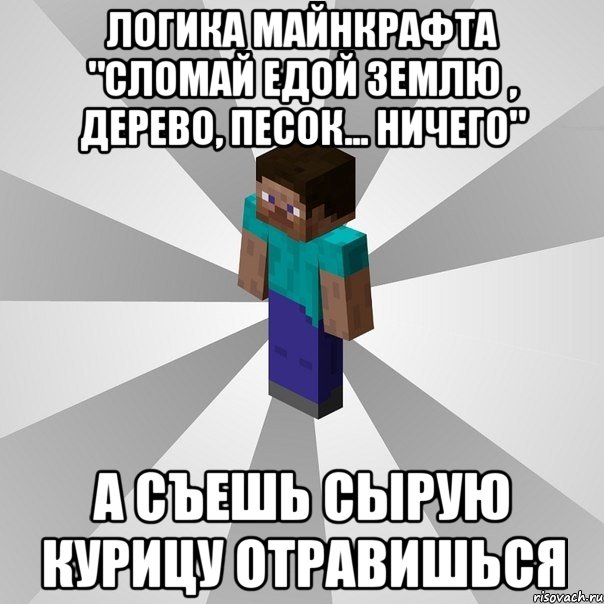 Логика майнкрафта "Сломай едой землю , дерево, песок... ничего" А съешь сырую курицу отравишься, Мем Типичный игрок Minecraft